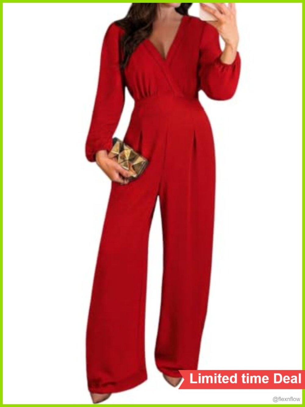 Wide Leg Jumpsuit Long Sleeve V Neck Keyhole Back Pockets Women's Romper